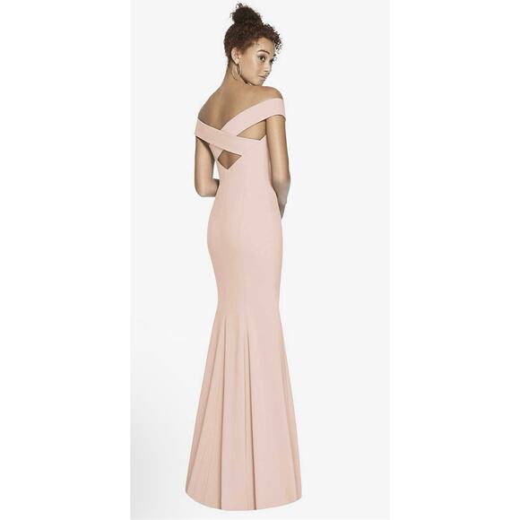 NWT! 3012 Dessy Off-the-Shoulder Criss Cross Back Trumpet Gown Cameo 2 - Picture 1 of 4